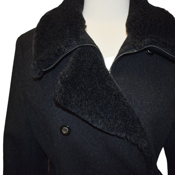Charles Klein Dark Grey Wool with Black Faux Fur Belted Pea Coat * Size 12 - Picture 6 of 9